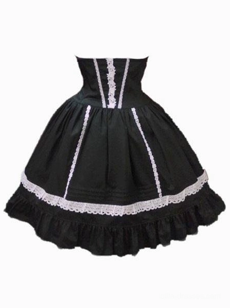 black-sweet-lolita-skirt-front-view-two-tone-cotton-layered-ruffles-lace-trim-strapless-corset-style