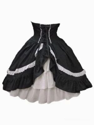 black-sweet-lolita-sk-skirt-back-view-lace-up-closure-ruffled-hem-white-underlayer-lolita-fashion