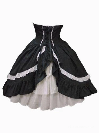 black-sweet-lolita-sk-skirt-back-view-lace-up-closure-ruffled-hem-white-underlayer-lolita-fashion