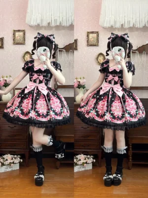 Black strawberry lolita dress full body side view with black socks and shoes paired styling complete outfit