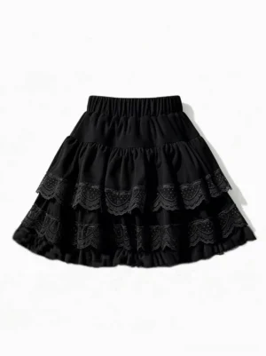Black tiered lolita mini skirt with delicate lace trim layered ruffles and elastic waistband front flat display