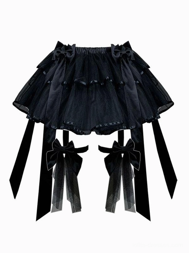 Tiered tulle lolita skirt flat lay layered ruffles detachable bow ribbons black
