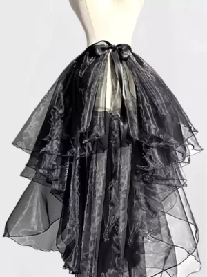 Black multi-layer tulle detachable train skirt Sweet Lolita accessory with satin bow waist and irregular hem on dress form front display