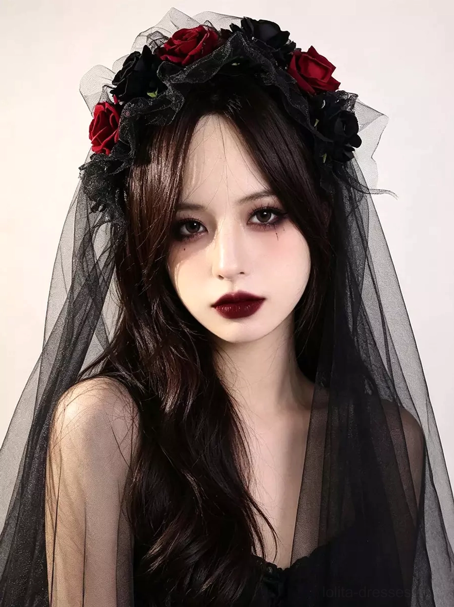 Black tulle gothic lolita rose headpiece veil crown with red and black floral embellishments front view on model