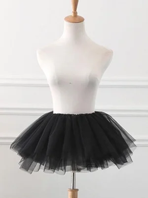 Black tulle lolita petticoat crinoline underskirt front view on dress form mannequin showing layered fluffy tutu silhouette