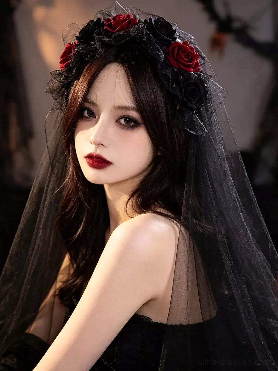 Black tulle gothic lolita veil headpiece side profile red rose crown floral arrangement elegant headwear