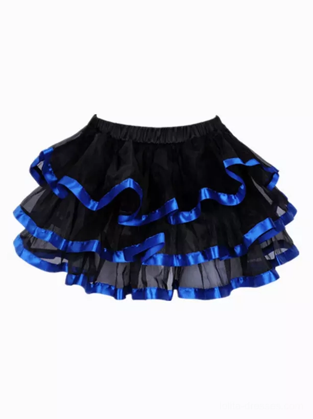 Black tulle skirt featuring double-layer blue satin ribbon accents and voluminous tiered design - elegant lolita skirt component