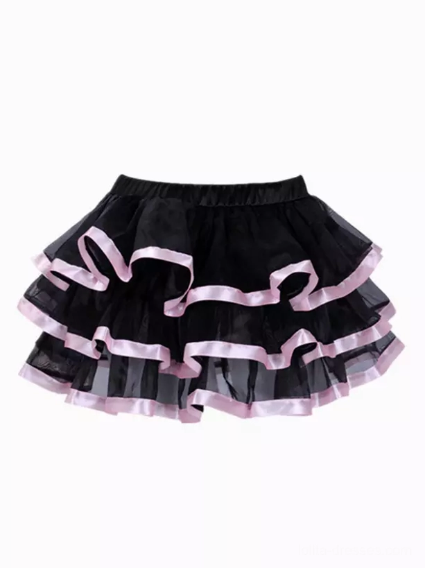 Black tulle skirt with light pink double-layer ribbon trims and flowing ruffled layers - romantic lolita skirt piece