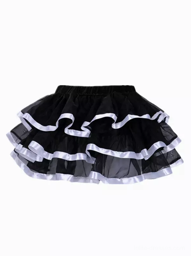 Standalone black tulle skirt with double-layer silver-white ribbon trims and tiered ruffle construction - versatile lolita skirt