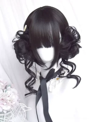 Sweet Lolita black twin buns wig with blunt bangs and curled side locks front three-quarter view with gold hair clip