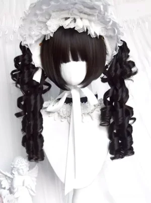Black twin-tail Roman curl lolita wig with blunt bangs worn on mannequin, styled with delicate white lace bonnet, white ribbon, and lace choker accessories for sweet lolita coordinate