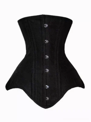 Black underbust corset with solid matte finish featuring front metal hook fasteners and fishtail hemline, displayed on plain background in front flat lay view