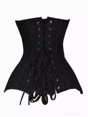 Black lace-up underbust corset with long hanging laces and metal eyelets shown on white background front view, showcasing intricate lacing design detail