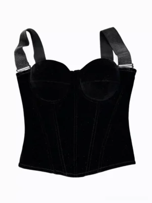 Black velvet corset front detail showing metal adjustable shoulder strap buckles and vertical torso seaming details lolita corset top