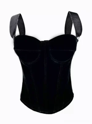 Black velvet corset front view flat lay showing padded bust cups wide shoulder straps and smooth luxurious fabric texture gothic lolita lingerie