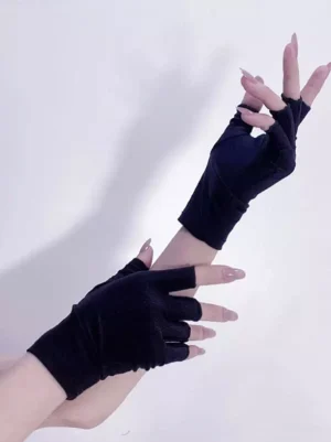 Black velvet fingerless gloves half-finger gothic lolita fashion worn on female model with long nails side view demonstration