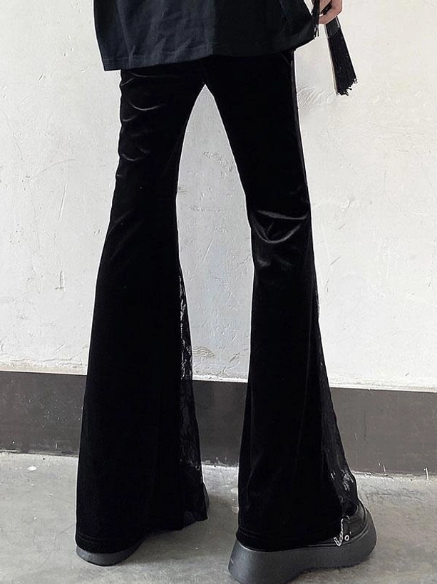 Black velvet flared lolita pants back view, smooth velvet fabric, lace side trim with metal buckle hem accent, platform shoes styling
