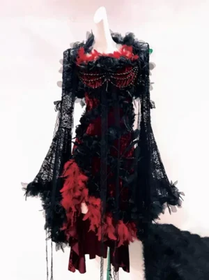 Black Velvet Gothic Lolita Mermaid Corset Dress with Beaded Bust and Feather Trim - Front Three Quarter View on White Mannequin
