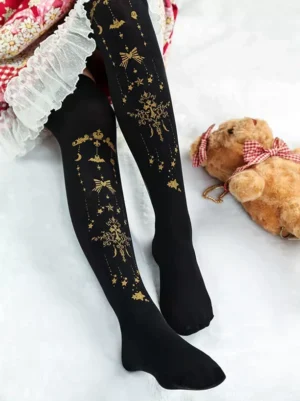 Premium black velvet lolita stockings featuring golden celestial and bow patterns paired with red check gingham lolita skirt teddy bear styling