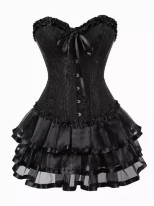 All-black corset and tulle skirt ensemble with grommet details and ruffled layers - classic lolita fashion set