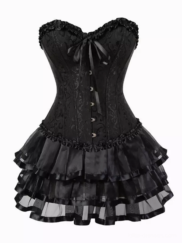 All-black corset and tulle skirt ensemble with grommet details and ruffled layers - classic lolita fashion set