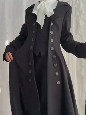 Black Victorian Gothic tailored coat three-quarter front view matte polyester fabric double row round buttons fitted waist