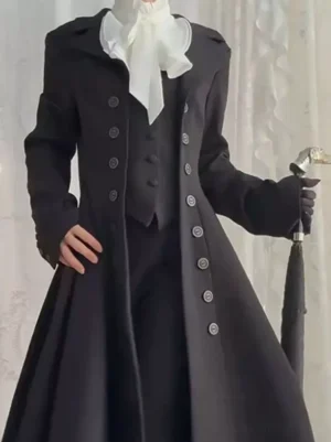 Black Victorian Gothic long coat double-breasted button front full view with notched lapel elegant steampunk tailored jacket