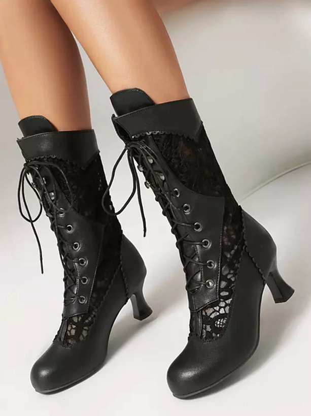 black vintage lolita mid-calf boots front flat view both feet metal lace eyelets wooden kitten heel