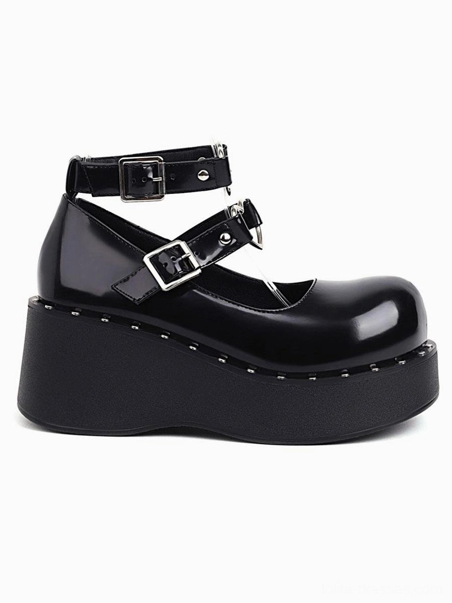 Black patent lolita wedge heel shoes side profile single view ankle buckle strap studded platform round toe cap