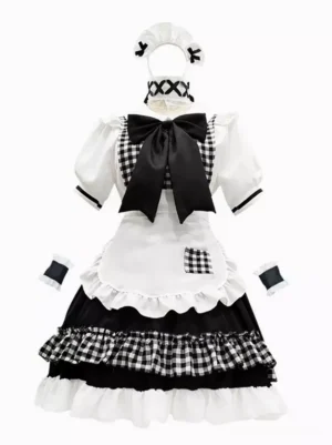 Black and white gingham plaid sweet maid Lolita dress set front view with short puff sleeves ruffled hem headdress neckwear and wrist cuffs complete ensemble
