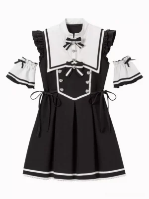 Black and White Gothic Lolita Sailor Dress with Sailor Collar, Chest Bows and Ruffled Lace Hem - Front Flat Layout