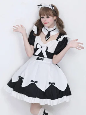 Black and white maid lolita dress three-quarter angle showing ruffled collar and two-tone design details