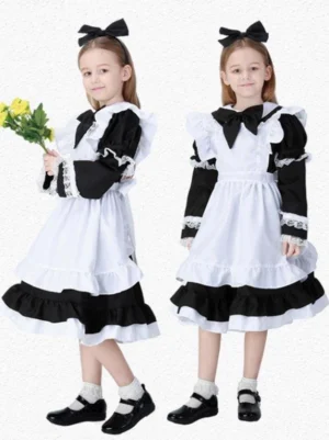 Black and white classic maid lolita op dress with contrast sleeves, layered ruffled hem, lace trim details and bow necktie shown on two child models, one holding decorative flowers