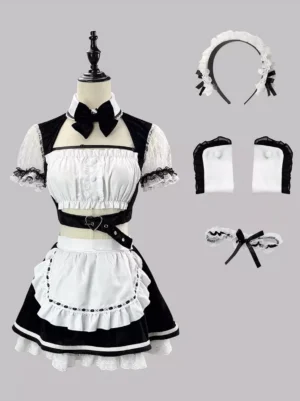 Black and white sweet lolita French maid cosplay dress set complete five-piece ensemble with crop top skirt headwear arm covers leg warmers flat lay display front view with accessories and lace trims