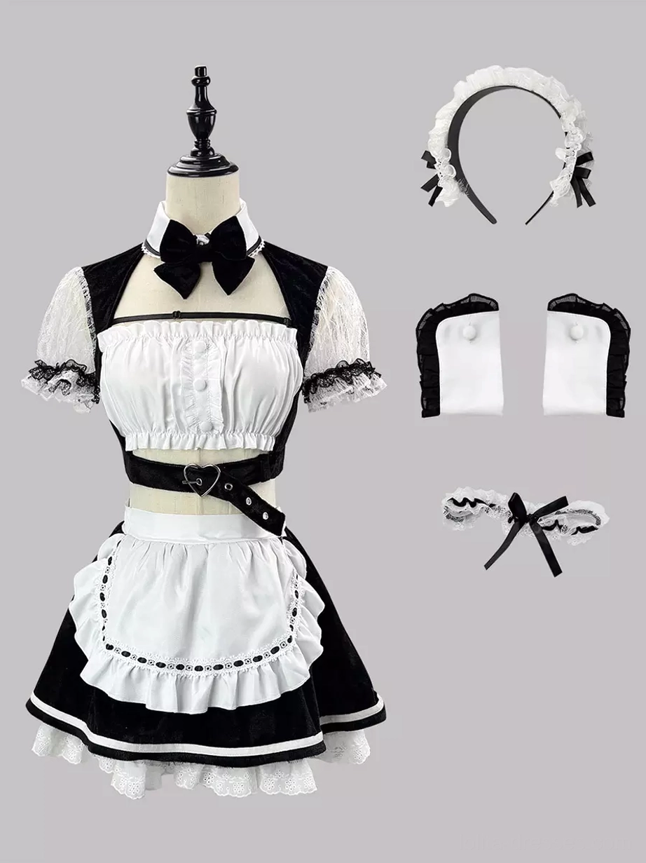Black and white sweet lolita French maid cosplay dress set complete five-piece ensemble with crop top skirt headwear arm covers leg warmers flat lay display front view with accessories and lace trims