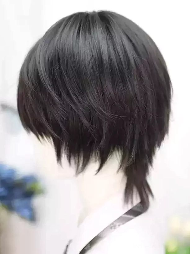 Black wolf tail layered lolita wig with textured outward-facing ends, right full side profile on mannequin with necktie, dimensional floral decor styling background
