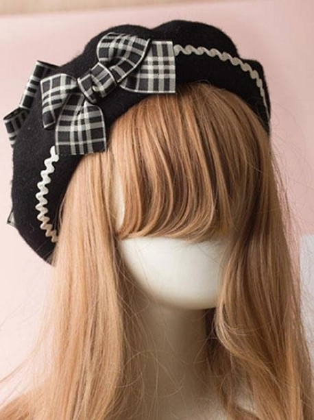 Black wool lolita beret hat with white gingham plaid bow front three-quarter angle ricrac embellishment