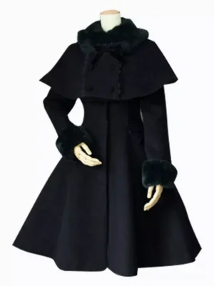 black wool lolita cape coat with detachable cape front view mannequin slim flared hem turndown collar