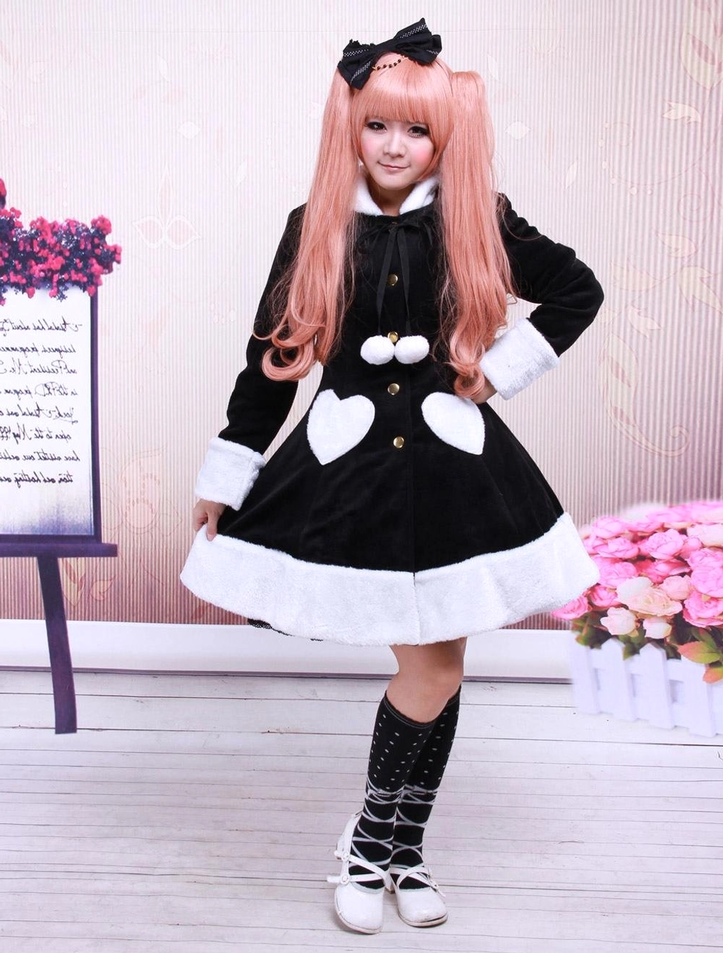 Complete sweet lolita overcoat outfit full front view showing white fuzzy cuffs, golden buttons, pom-pom decoration with matching accessories