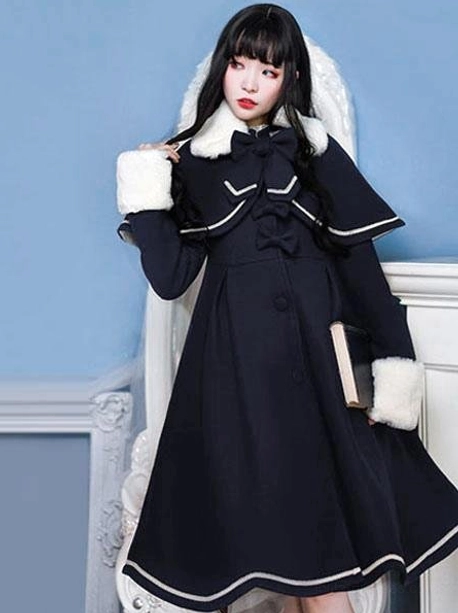 black wool sweet lolita winter overcoat white fur collar cuffs bow trim scalloped hem white piping front full-body shot