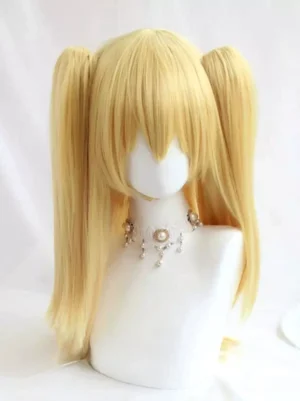 Blonde twin-tail lolita wig front-left view on white mannequin with decorative choker, light golden synthetic fiber with blunt bangs and long straight twin tails