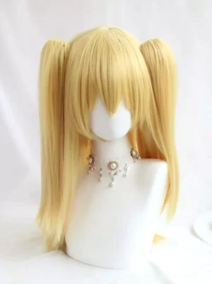 Blonde twin-tail lolita wig front center view showing uniform light golden tone with neat straight twin tails and sleek synthetic hair texture on display mannequin
