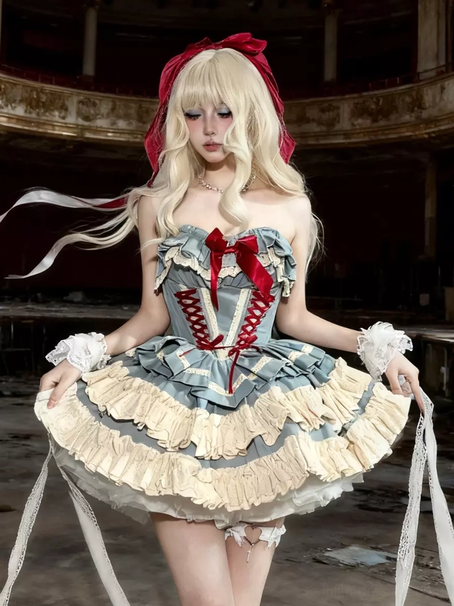 Front standing view of blue ballet lolita dress with red bows and layered ruffles, showing complete three-piece set with sleeveless dress and matching overcoat in vintage theater setting