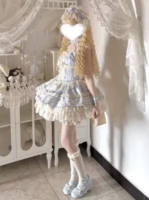 Blue sweet lolita dress side profile full-body shot on model wearing lace socks and ballet flats in vintage home setting