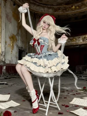 Three-quarter seated view of blue ballet lolita dress featuring red high heels, layered ruffle skirt, long lace ribbons, and complete ensemble coordination