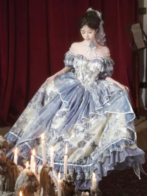 blue-fairy-lolita-ball-gown-off-shoulder-floral-embroidery-front-three-quarter-view