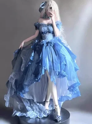 Blue fairy sweet lolita dress off-shoulder design with cascading ruffled organza skirt and waist bow detail front view