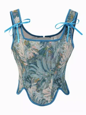Blue floral lolita corset top with teal trim and delicate shoulder ribbon ties front view