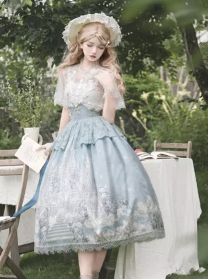 Blue floral sweet lolita dress set full front view with white lace sheer top and high-waisted skirt featuring lace ruffles and matching bonnet in garden setting
