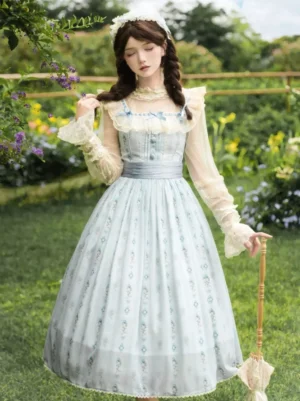 Light sky blue floral print sweet lolita JSK dress front full-body view outdoor garden setting square neckline